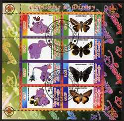 Congo 2010 Disney & Butterflies #1 perf sheetlet containing 8 values with Scout Logo fine cto used, stamps on , stamps on  stamps on disney, stamps on  stamps on films, stamps on  stamps on cinema, stamps on  stamps on movies, stamps on  stamps on cartoons, stamps on  stamps on scouts, stamps on  stamps on butterflies