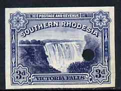 Southern Rhodesia 1935 Victoria Falls 3d blue imperf proof with tiny security punch hole, ex Waterlow & Sons archive proof sheet as used for checking and correcting, therefore slight soiling and creasing*, stamps on , stamps on  stamps on , stamps on  stamps on  kg5 , stamps on  stamps on  kg6 , stamps on  stamps on waterfalls, stamps on  stamps on livingstone, stamps on  stamps on scots, stamps on  stamps on scotland