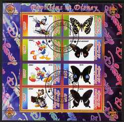 Congo 2010 Disney & Butterflies #2 perf sheetlet containing 8 values with Scout Logo fine cto used, stamps on , stamps on  stamps on disney, stamps on  stamps on films, stamps on  stamps on cinema, stamps on  stamps on movies, stamps on  stamps on cartoons, stamps on  stamps on scouts, stamps on  stamps on butterflies