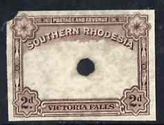 Southern Rhodesia 1935 Victoria Falls 2d imperf proof of frame only in brown with tiny security punch hole, ex Waterlow & Sons archive proof sheet as used for checking an..., stamps on , stamps on  kg5 , stamps on  kg6 , stamps on waterfalls, stamps on livingstone, stamps on scots, stamps on scotland