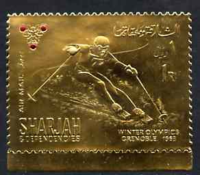 Sharjah 1968 Winter Olympics 1r (Skiing) perf embossed in gold foil with symbol embellished in red unmounted mint, Mi 464A, stamps on , stamps on  stamps on sport   skiing    olympics