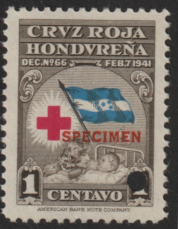 Honduras 1945 Obligatory Tax - Red Cross 1c brown, blue & red unmounted mint optd SPECIMEN with security punch hole (ex ABN Co archives) SG 456*, stamps on , stamps on  stamps on red cross     medical    flags