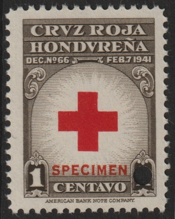 Honduras 1945 Obligatory Tax - Red Cross 1c red & brown unmounted mint optd SPECIMEN with security punch hole (ex ABN Co archives) SG 456a*, stamps on red cross     medical