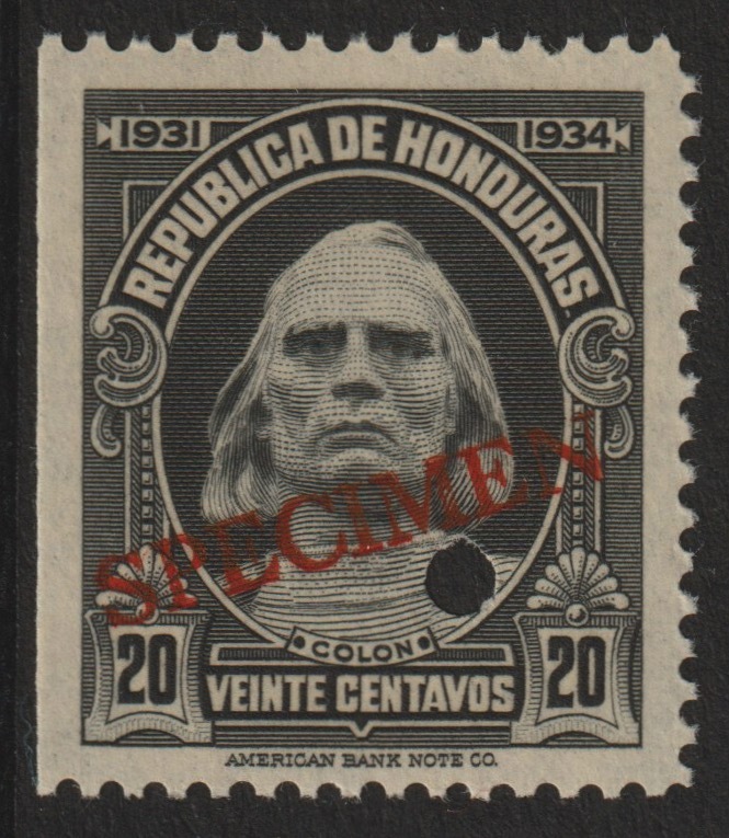 Honduras 1931 Columbus 20c optd SPECIMEN (20mm x 3mm) with security punch hole (ex ABN Co archives) unmounted mint SG 325, stamps on , stamps on  stamps on columbus    explorers    americana