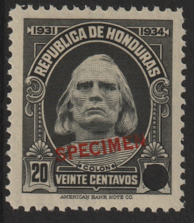 Honduras 1931 Columbus 20c unmounted mint optd SPECIMEN (13mm x 2mm) with security punch hole (ex ABN Co archives) SG 325, stamps on columbus    explorers      americana