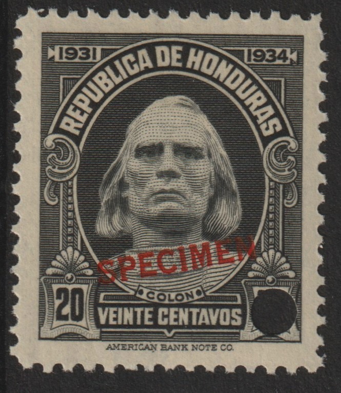 Honduras 1931 Columbus 20c unmounted mint optd SPECIMEN (13mm x 2mm) with security punch hole (ex ABN Co archives) SG 325, stamps on , stamps on  stamps on columbus    explorers      americana