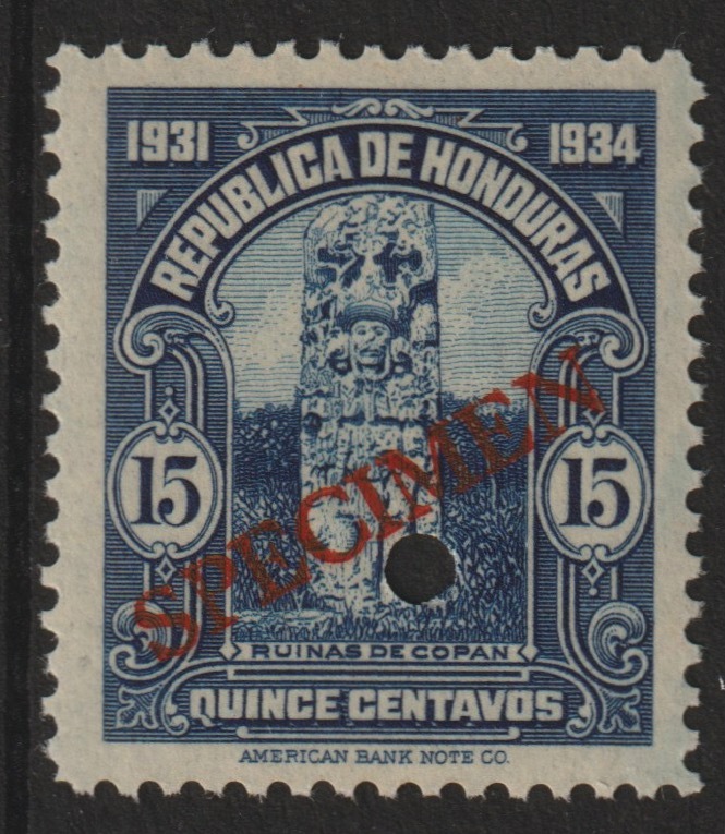 Honduras 1931 Ruins at Copan 15c unmounted mint optd SPECIMEN (20mm x 3mm) with security punch hole (ex ABN Co archives) SG 324, stamps on ruins