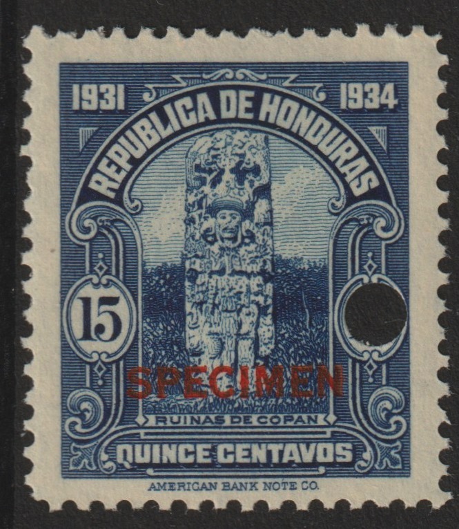 Honduras 1931 Ruins at Copan 15c unmounted mint optd SPECIMEN (13mm x 2mm) with security punch hole (ex ABN Co archives) SG 324, stamps on ruins