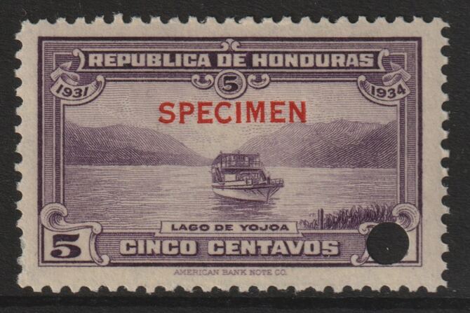 Honduras 1931 Boat on Lake Yojoa 5c unmounted mint optd SPECIMEN (13mm x 2mm) with security punch hole (ex ABN Co archives) SG 321, stamps on lakes       ships