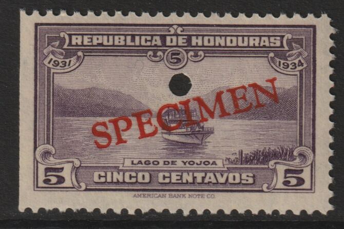 Honduras 1931 Boat on Lake Yojoa 5c unmounted mint optd SPECIMEN (20mm x 3mm) with security punch hole (ex ABN Co archives) SG 321, stamps on , stamps on  stamps on lakes       ships