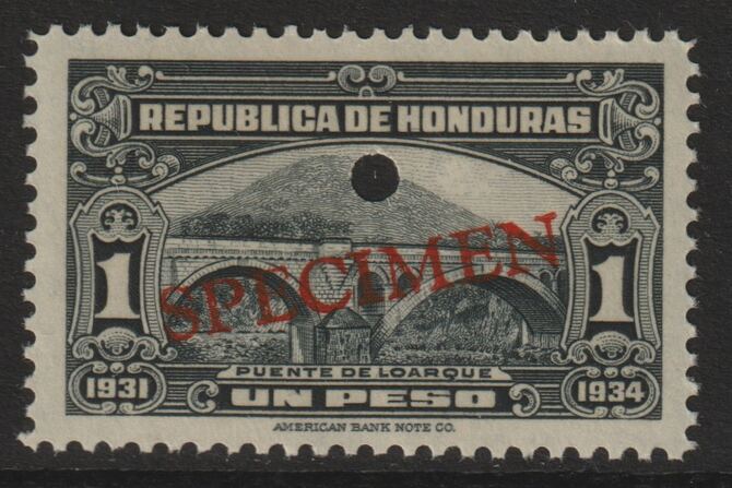 Honduras 1931 Bridge at Loarq 1p unmounted mint optd SPECIMEN (20mm x 3mm) with security punch hole (ex ABN Co archives) SG 327, stamps on bridges    civil engineering