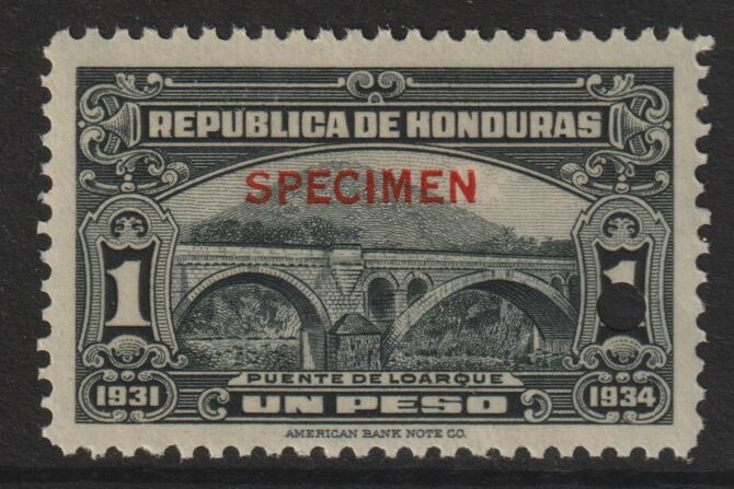 Honduras 1931 Bridge at Loarq 1p unmounted mint optd SPECIMEN (13mm x 2mm) with security punch hole (ex ABN Co archives) SG 327, stamps on bridges    civil engineering