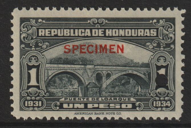 Honduras 1931 Bridge at Loarq 1p unmounted mint optd SPECIMEN (13mm x 2mm) with security punch hole (ex ABN Co archives) SG 327, stamps on , stamps on  stamps on bridges    civil engineering