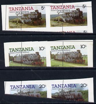 Tanzania 1985 Locomotives 5s, 10s & 20s values (SG 430-2) in unmounted mint horiz proof pairs with 'Caribbean Royal Visit 1985' optd in silver each pair with dramatic misplaced perforations, spectacular, stamps on railways, stamps on royalty, stamps on royal visit, stamps on big locos