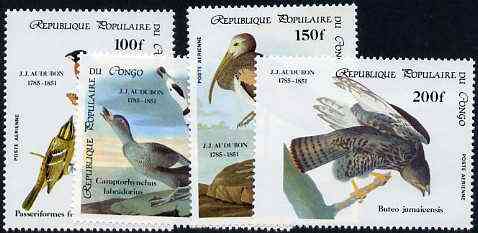 Congo 1985 Birth Bicentenmary of John Audubon (Birds) perf set of 4 unmounted mint, SG 985-88, stamps on , stamps on  stamps on birds, stamps on  stamps on audubon, stamps on  stamps on ibis, stamps on  stamps on hawk, stamps on  stamps on duck, stamps on  stamps on birds of prey