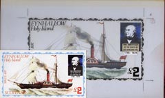 Eynhallow 1979 Rowland Hill (Ships - Sirius 1837) - Original artwork for deluxe sheet (A32 value) comprising coloured illustration on board (165 mm x 95 mm) with overlay, plus issued label, stamps on , stamps on  stamps on ships   postal     rowland hill