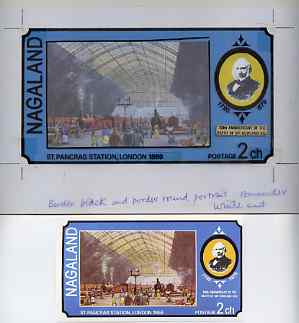 Nagaland 1979 Rowland Hill (St Pancras Station) - Original artwork for souvenir sheet (2ch value) comprising coloured illustration on board (180 mm x 95 mm) with overlay, plus issued label , stamps on , stamps on  stamps on postal   railways     rowland hill
