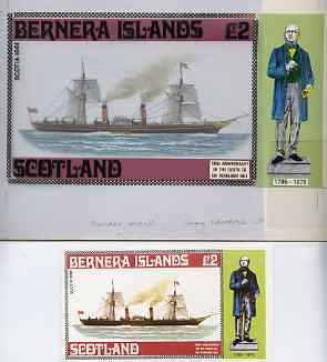 Bernera 1979 Rowland Hill (Ships - Paddle Steamer Scotia) - Original artwork for deluxe sheet (A32 value) comprising coloured illustration on board (205 mm x 110 mm) with overlay, plus issued label, stamps on , stamps on  stamps on postal   ships     rowland hill