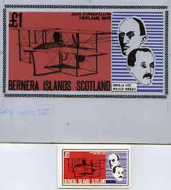 Bernera 1979 Flight Anniversary of Wright Brothers (1868 Triplane) - Original artwork for souvenir sheet (\A31 value) comprising coloured background on board (160 mm x 85..., stamps on aviation
