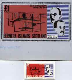 Bernera 1979 Flight Anniversary of Wright Brothers (1868 Triplane) - Original artwork for souvenir sheet (A31 value) comprising coloured background on board (160 mm x 85 mm) with overlay, plus issued label , stamps on , stamps on  stamps on aviation