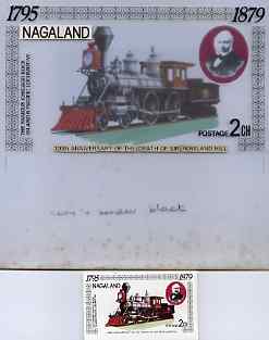 Nagaland 1979 Rowland Hill (Chicago Rock Island & Pacific Loco) - Original artwork for souvenir sheet (2ch value) comprising illustration on board (170 mm x 95 mm) with overlay, plus issued label , stamps on , stamps on  stamps on postal   railways     rowland hill