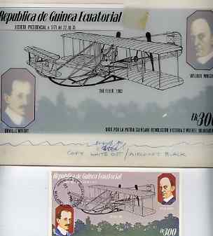 Equatorial Guinea 1979 Flight Anniversary of Wright Brothers - Original artwork for m/sheet (300ek value showing Wright Flyer) comprising coloured illustration on board (235 mm x 130 mm) with overlay, plus issued m/sheet (cto used), stamps on , stamps on  stamps on aviation, stamps on wright flyer