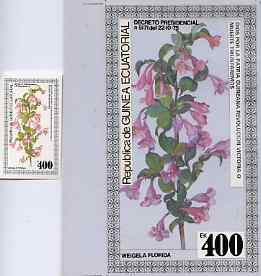 Equatorial Guinea 1979 Flowers (Weigela) - Original artwork for m/sheet (400ek value) comprising coloured illustration on board (105 mm x 190 mm) with overlay, plus issued m/sheet, stamps on , stamps on  stamps on flowers  