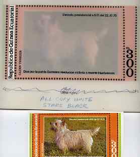 Equatorial Guinea 1978 Dogs (Cairn Terrier) - Original artwork for m/sheet (300ek value) comprising coloured illustration on board (195 mm x 105 mm) with overlay, plus issued m/sheet, stamps on , stamps on  stamps on animals    dogs    cairn