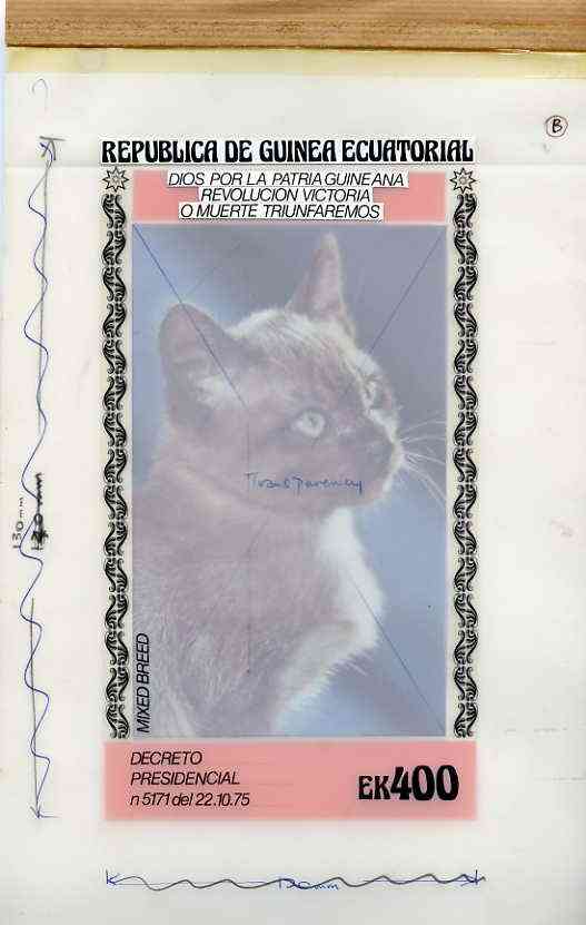 Equatorial Guinea 1978 Domestic Cats (Mixed Breed) - Original artwork for m/sheet (400ek value) comprising coloured illustration on board (120 mm x 205 mm) with overlay, plus issued m/sheet, stamps on , stamps on  stamps on animals   cats