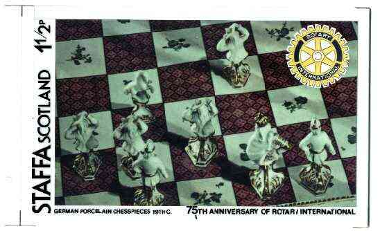 Staffa 1980 Chess Pieces (75th Anniversary of Rotary International) - original composite artwork for 1.5p value comprising photograph of main design (German Porcelain Che..., stamps on chess      rotary