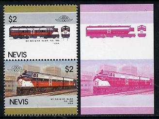 Nevis 1986 Locomotives #5 (Leaders of the World) New Haven Diesel Loco $2 unmounted mint se-tenant imperf proof pair in magenta & blue, plus normal issued stamp (SG 358-9), stamps on , stamps on  stamps on railways