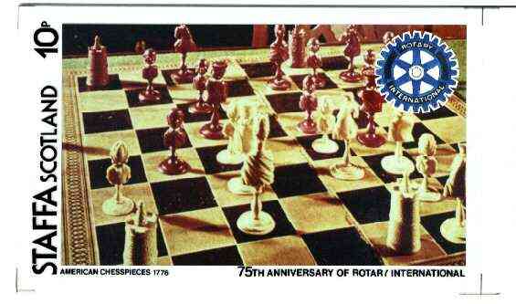 Staffa 1980 Chess Pieces (75th Anniversary of Rotary International) - original composite artwork for 10p value comprising photograph of main design (American Chesspieces)..., stamps on chess      rotary