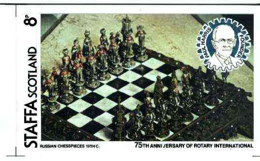 Staffa 1980 Chess Pieces (75th Anniversary of Rotary International) - original composite artwork for 18p value comprising photograph of main design (Venetian Chesspieces)..., stamps on chess      rotary