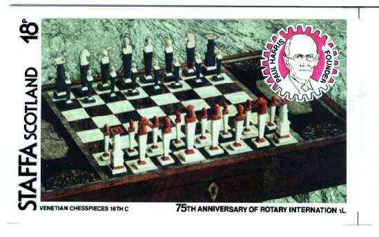 Staffa 1980 Chess Pieces (75th Anniversary of Rotary International) - original composite artwork for 8p value comprising photograph of main design (Russian Chesspieces), inset of Paul Harris, plus overlay with value and inscriptions (with issued label), stamps on , stamps on  stamps on chess      rotary