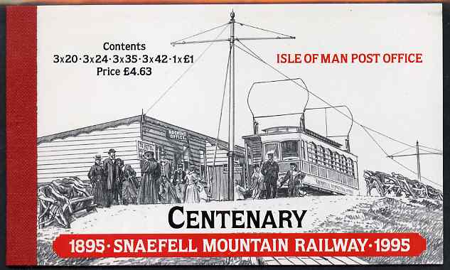 Isle of Man 1995 Centenary of Snaefell Mountain Railway Â£4.63 booklet complete and very fine, SG SB39, stamps on , stamps on  stamps on railways, stamps on  stamps on mountains