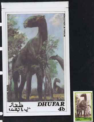 Dhufar 1980 Prehistoric Animals - Original artwork for 4b value (Oligocene Period) comprising coloured illustration on board of main design (100 mm x 165 mm) with value and inscriptions on overlay, plus issued label, stamps on , stamps on  stamps on animals       dinosaurs