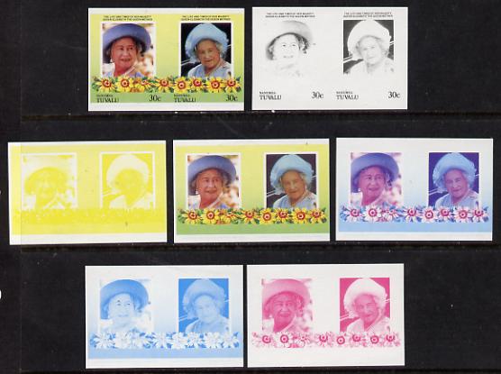 Tuvalu - Nanumea 1985 Life & Times of HM Queen Mother (Leaders of the World) 30c unmounted mint set of 7 se-tenant imperf progressive proof pairs comprising the 4 individual colours, plus 2, 3 & all 4 colour composites, stamps on , stamps on  stamps on royalty     queen mother