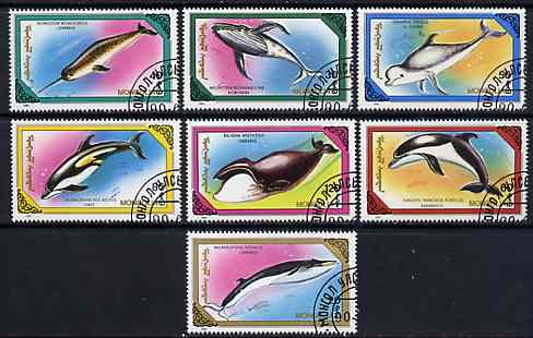 Mongolia 1990 Marine Mammals perf set of 7 very fine cto used, SG 2113-19*, stamps on mammals, stamps on whales, stamps on dolphins
