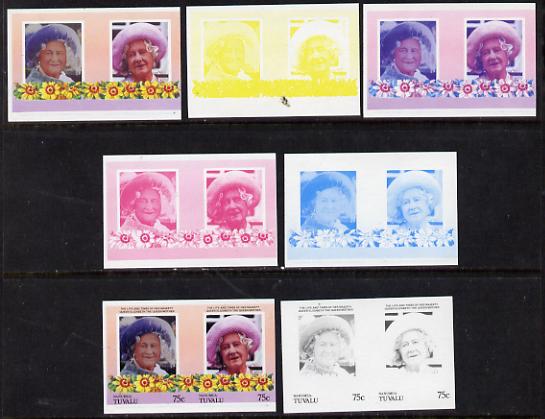 Tuvalu - Nanumea 1985 Life & Times of HM Queen Mother (Leaders of the World) 75c unmounted mint set of 7 se-tenant imperf progressive proof pairs comprising the 4 individual colours, plus 2, 3 & all 4 colour composites, stamps on royalty     queen mother