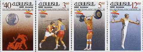 Armenia 1992 Barcelona Olympic Games unmounted mint se-tenant strip of 4, SG 251-24, Mi 199-202, stamps on , stamps on  stamps on olympics      boxing, stamps on weightlifting    gymnastics    wrestling, stamps on ancient greece , stamps on  stamps on  gym , stamps on  stamps on gymnastics, stamps on  stamps on 