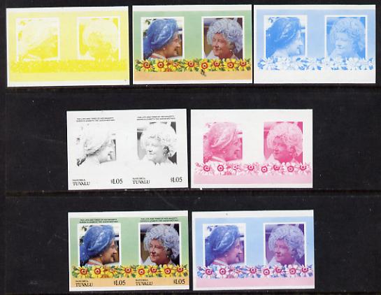 Tuvalu - Nanumea 1985 Life & Times of HM Queen Mother (Leaders of the World) $1.05 unmounted mint set of 7 se-tenant imperf progressive proof pairs comprising the 4 individual colours, plus 2, 3 & all 4 colour composites, stamps on , stamps on  stamps on royalty     queen mother