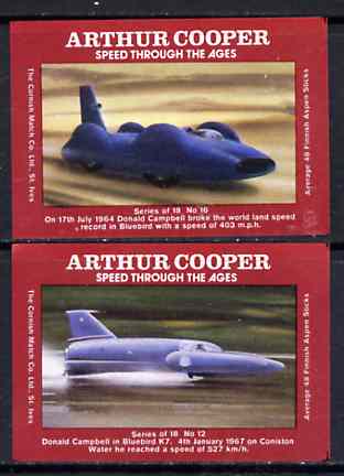 Match Box Labels - Bluebirds I & K7 from Speed Through The Ages set of 18, both superb unused condition (Arthur Cooper Series), stamps on speed