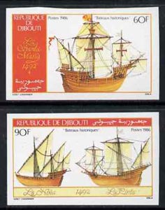 Djibouti 1986 Columbus ships set of 2 IMPERF from limited printing unmounted mint, as SG 977-78, stamps on ships     columbus      explorers