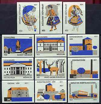 Match Box Labels - complete set of 12 Hungarian Costumes & Buildings (set #2 green background) very fine unused condition (Hungarian MSZ series), stamps on costumes     buildings