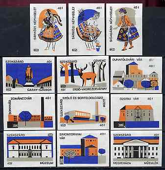 Match Box Labels - complete set of 12 Hungarian Costumes & Buildings (set #4 white background) very fine unused condition (Hungarian MSZ series), stamps on costumes     buildings