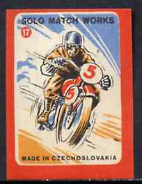 Match Box Labels - Motorcycling (No.17 from 'Sport' set of 24) very fine unused condition (Czechoslovakian Solo Match Co Series), stamps on , stamps on  stamps on motorbikes