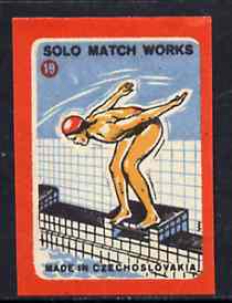 Match Box Labels - Swimming (No.19 from 'Sport' set of 24) very fine unused condition (Czechoslovakian Solo Match Co Series), stamps on swimming