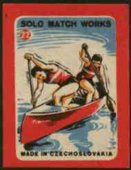 Match Box Labels - Canoeing (No.22 from 'Sport' set of 24) very fine unused condition (Czechoslovakian Solo Match Co Series), stamps on canoeing