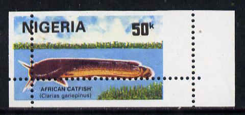 Nigeria 1991 Fishes 50k (Catfish) unmounted mint single with vert & horiz perfs misplaced, divided along margins so stamp is quartered (as SG 615)*, stamps on , stamps on  stamps on fish     marine-life