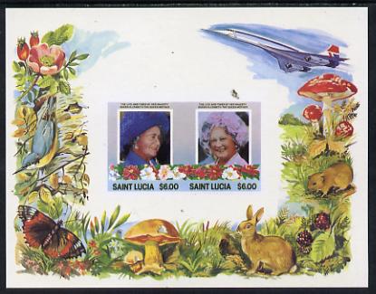 St Lucia 1985 Life & Times of HM Queen Mother m/sheet containing 2 x $6 values (depicts Concorde, Fungi, Butterflies, Birds & Animals) imperforate with silver (inscriptions) omitted, unmounted mint and only recently discovered, stamps on , stamps on  stamps on animals, stamps on  stamps on aviation, stamps on  stamps on birds, stamps on  stamps on butterflies, stamps on  stamps on fungi, stamps on  stamps on royalty, stamps on  stamps on queen mother, stamps on  stamps on concorde, stamps on  stamps on aviation